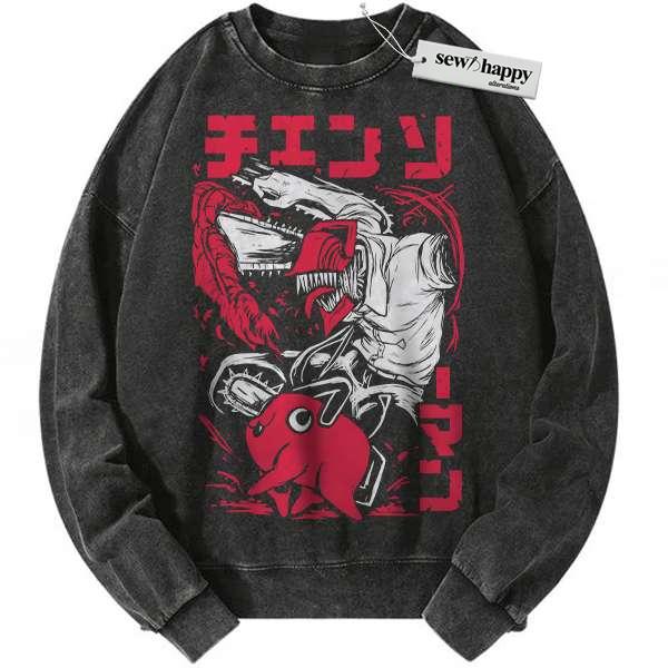 Wash Sweatshirt Pochita vs Denji Sweatshirt, Chainsaw Man Sweatshirt, Anime Sweatshirt, Vintage Sweatshirt