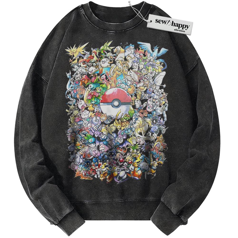 Wash Sweatshirt Pokemon Sweatshirt, PKM Sweatshirt, Anime Sweatshirt, Vintage Sweater