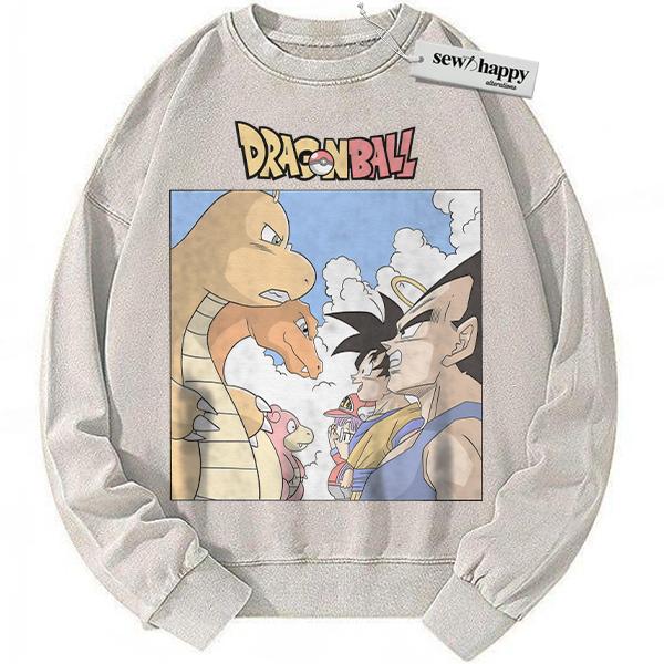 Wash Sweatshirt Pokemon x Dragon Ball Sweatshirt, Anime Sweatshirt, Vintage Sweater