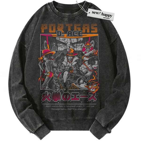 Wash Sweatshirt Portgas D Ace Sweatshirt, One Piece Sweatshirt, Anime Sweatshirt, Vintage Sweater