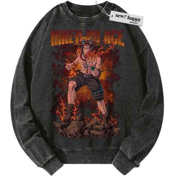 Wash Sweatshirt Portgas D Ace Sweatshirt, One Piece Sweatshirt, Anime Sweatshirt, Vintage Sweater