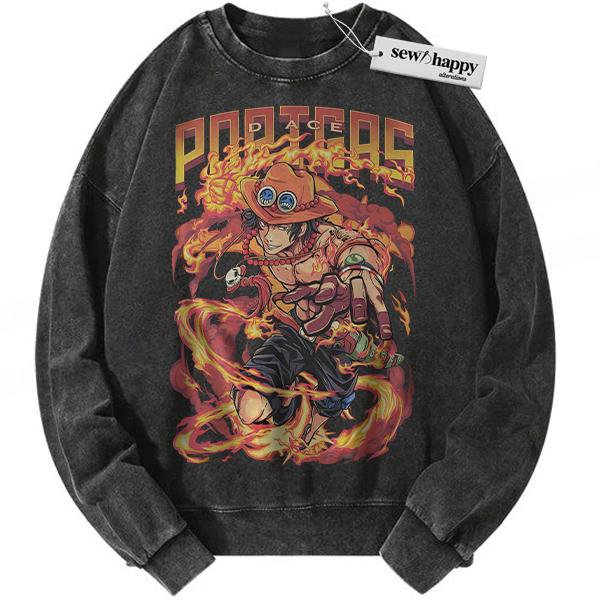 Wash Sweatshirt Portgas D Ace Sweatshirt, One Piece Sweatshirt, Anime Sweatshirt, Vintage Sweatshirt