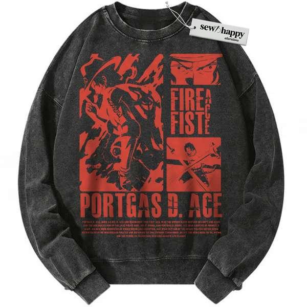 Wash Sweatshirt Portgas D Ace Sweatshirt, One Piece Sweatshirt, Anime Sweatshirt, Vintage Sweatshirt