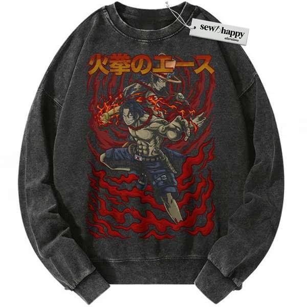 Wash Sweatshirt Portgas D Ace Sweatshirt, One Piece Sweatshirt, Anime Sweatshirt, Vintage Sweatshirt