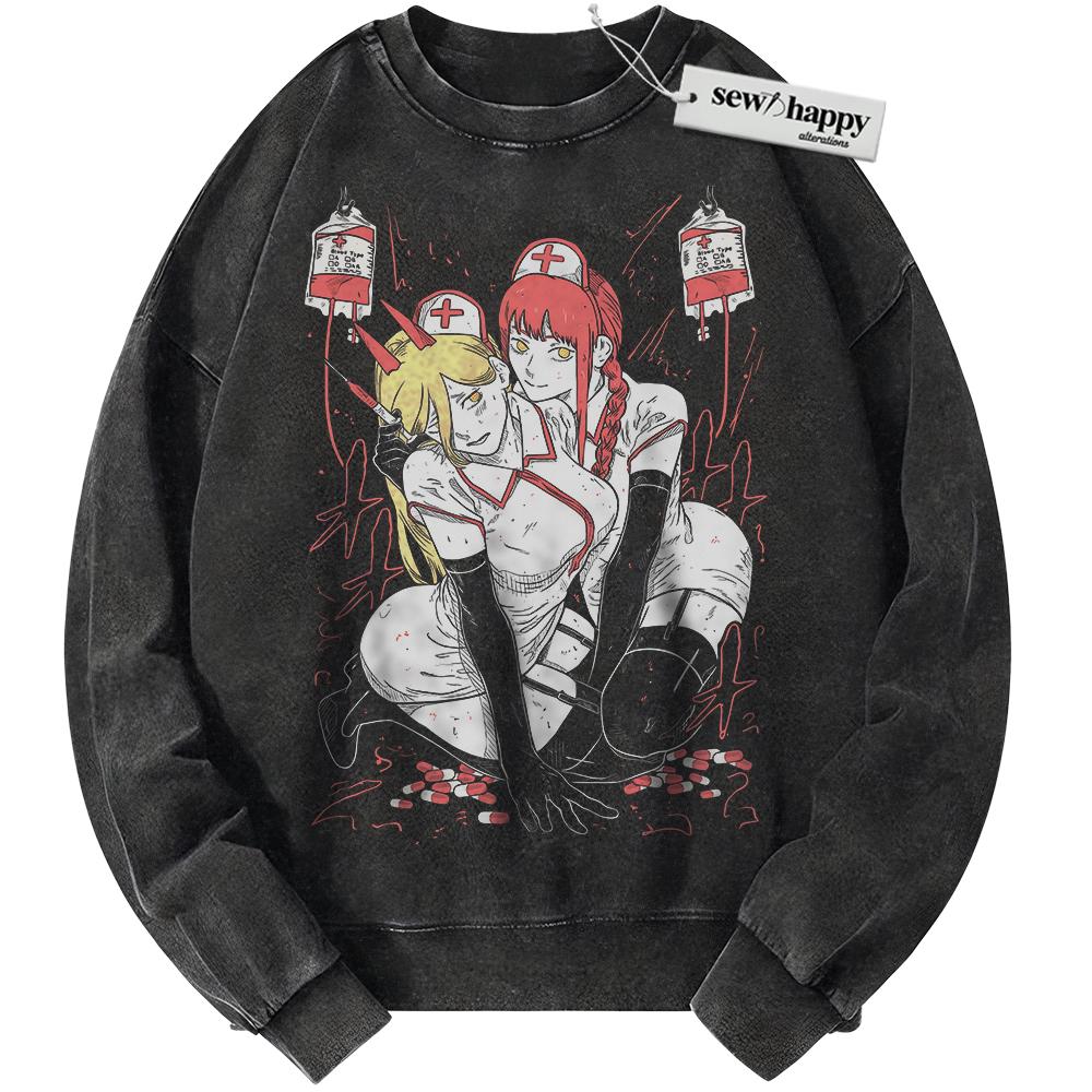 Wash Sweatshirt Power and Makima Sweatshirt, Chainsaw Man Sweatshirt, Anime Sweatshirt, Vintage Sweater