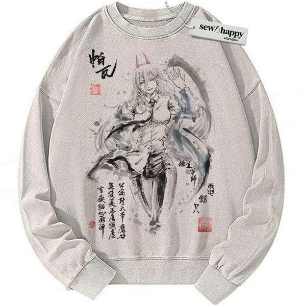 Wash Sweatshirt Power Sweatshirt, Chainsaw Man Sweatshirt, Anime Sweatshirt, Vintage Sweater