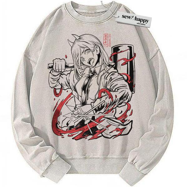 Wash Sweatshirt Power Sweatshirt, Chainsaw Man Sweatshirt, Anime Sweatshirt, Vintage Sweatshirt