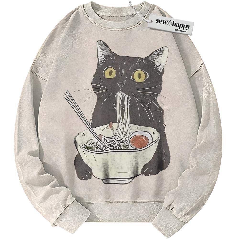 Wash Sweatshirt Ramen Cat Sweatshirt, Japanese Streetwear Sweatshirt, Vintage Sweater
