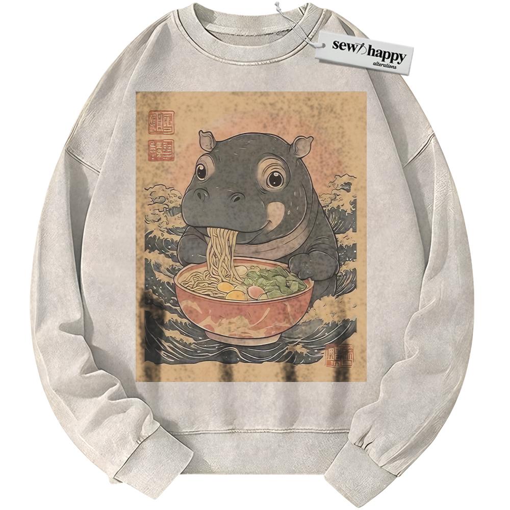 Wash Sweatshirt Ramen Hippo Sweatshirt, Japanese Streetwear Sweatshirt, Vintage Sweater