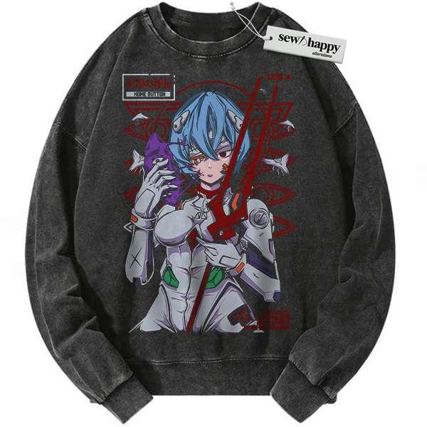 Wash Sweatshirt Rei Ayanami Sweatshirt, Neon Genesis Evangelion Sweatshirt, Anime Sweatshirt, Vintage Sweater