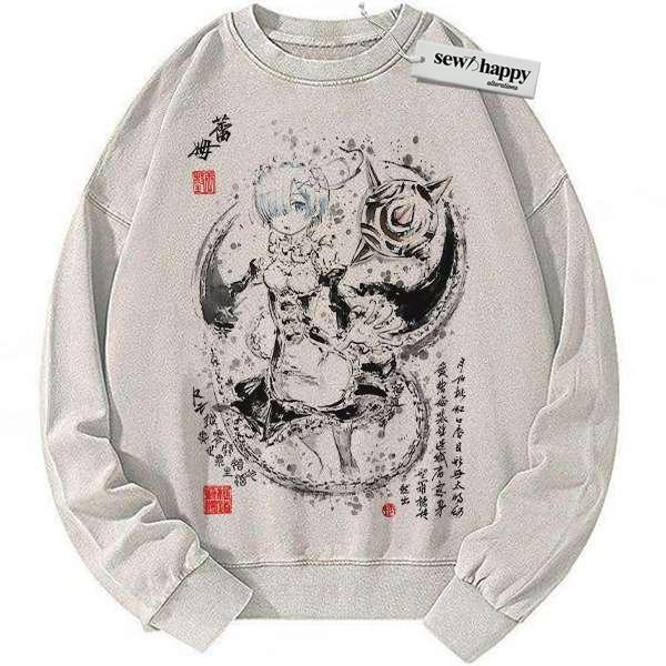 Wash Sweatshirt Rem Sweatshirt, Re:Zero Sweatshirt, Anime Sweatshirt, Vintage Sweater Wash Sweatshirt Rem Sweatshirt, Re:Zero Sweatshirt, Anime Sweatshirt, Vintage Sweater - Image 1