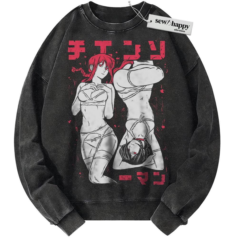 Wash Sweatshirt Reze and Makima Sweatshirt, Chainsaw Man Sweatshirt, Anime Sweatshirt, Vintage Sweater