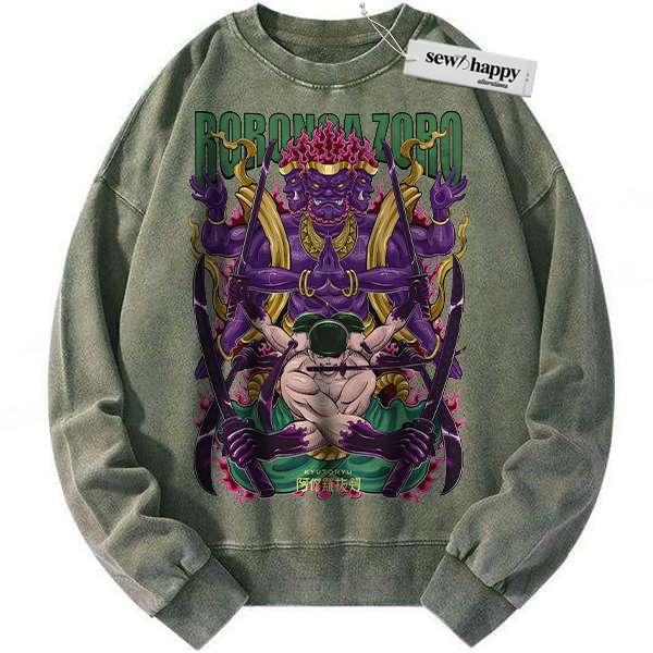 Wash Sweatshirt Roronoa Zoro Sweatshirt, One Piece Sweatshirt, Anime Sweatshirt, Vintage Sweater Wash Sweatshirt Roronoa Zoro Sweatshirt, One Piece Sweatshirt, Anime Sweatshirt, Vintage Sweater - Image 1