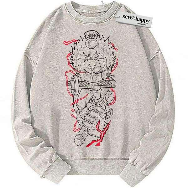 Wash Sweatshirt Roronoa Zoro Sweatshirt, One Piece Sweatshirt, Anime Sweatshirt, Vintage Sweater Wash Sweatshirt Roronoa Zoro Sweatshirt, One Piece Sweatshirt, Anime Sweatshirt, Vintage Sweater - Image 1