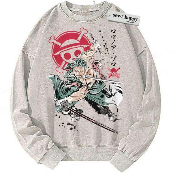 Wash Sweatshirt Roronoa Zoro Sweatshirt, One Piece Sweatshirt, Anime Sweatshirt, Vintage Sweater Wash Sweatshirt Roronoa Zoro Sweatshirt, One Piece Sweatshirt, Anime Sweatshirt, Vintage Sweater - Image 1