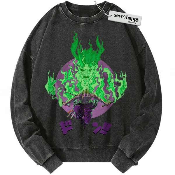 Wash Sweatshirt Roronoa Zoro Sweatshirt, One Piece Sweatshirt, Anime Sweatshirt, Vintage Sweater Wash Sweatshirt Roronoa Zoro Sweatshirt, One Piece Sweatshirt, Anime Sweatshirt, Vintage Sweater - Image 1