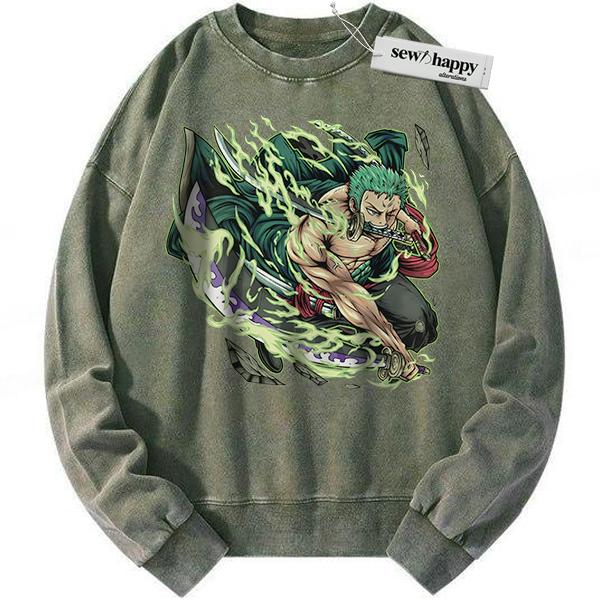 Wash Sweatshirt Roronoa Zoro Sweatshirt, One Piece Sweatshirt, Anime Sweatshirt, Vintage Sweater Wash Sweatshirt Roronoa Zoro Sweatshirt, One Piece Sweatshirt, Anime Sweatshirt, Vintage Sweater - Image 1