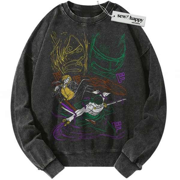 Wash Sweatshirt Roronoa Zoro Sweatshirt, Vinsmoke Sanji Sweatshirt, One Piece Sweatshirt, Anime Sweatshirt, Vintage Sweater