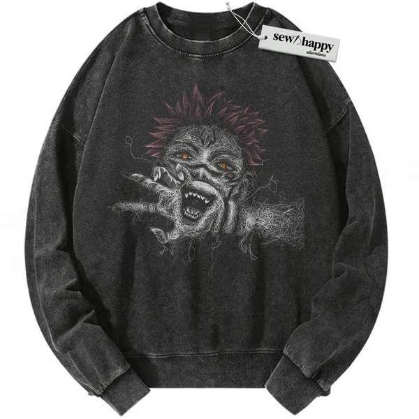 Wash Sweatshirt Ryomen Sukuna Sweatshirt, Jujutsu Kaisen Sweatshirt, Anime Sweatshirt, Vintage Sweater