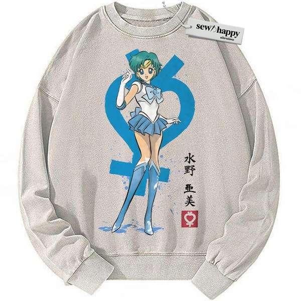 Wash Sweatshirt Sailor Mercury Sweatshirt, Sailor Moon Sweatshirt, Anime Sweatshirt,Vintage Sweater Wash Sweatshirt Sailor Mercury Sweatshirt, Sailor Moon Sweatshirt, Anime Sweatshirt,Vintage Sweater - Image 1