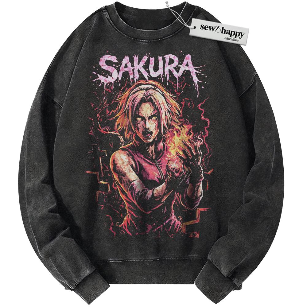 Wash Sweatshirt Sakura Haruno Sweatshirt, Naruto Sweatshirt, Anime Sweatshirt, Vintage Sweater