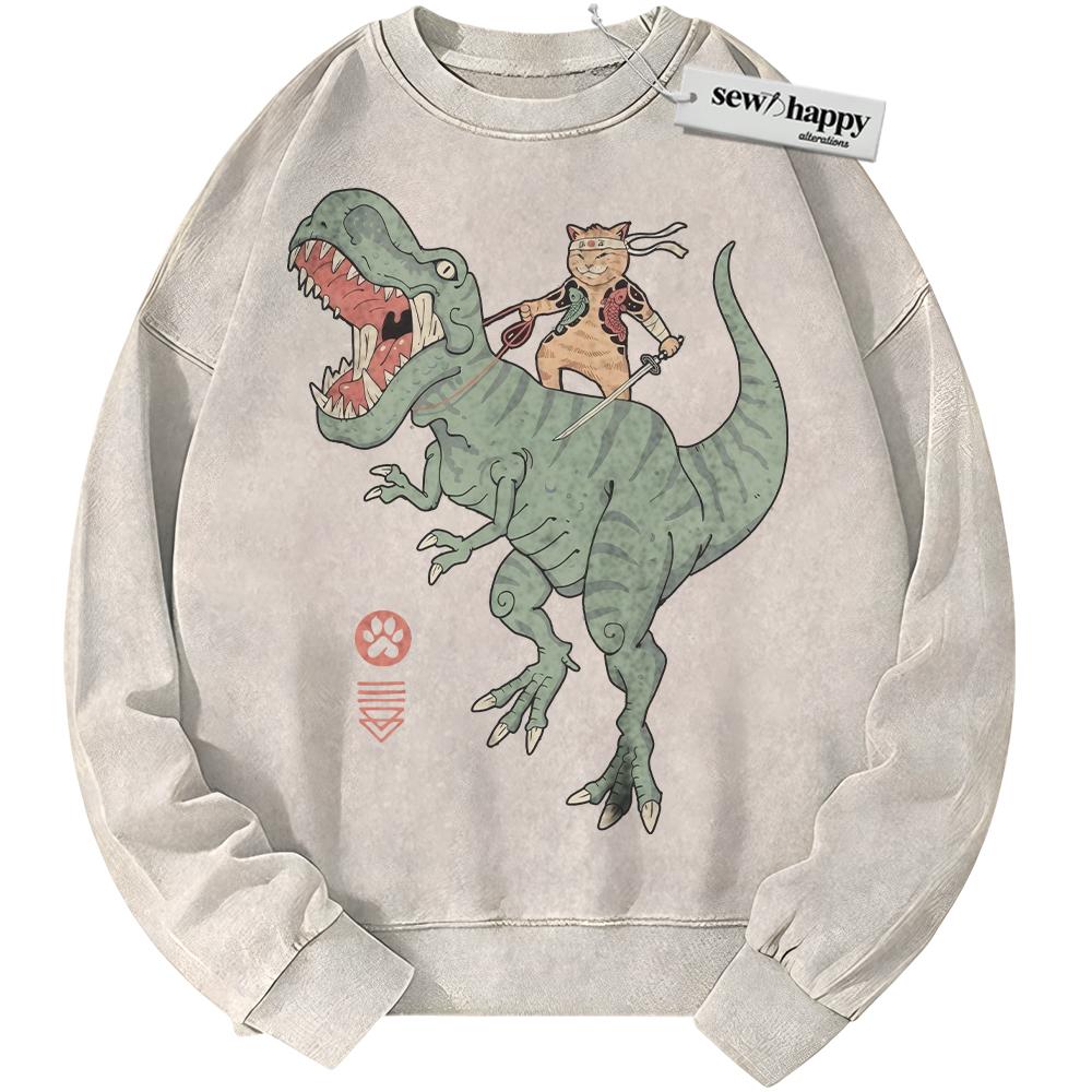 Wash Sweatshirt Samurai Cat Dinosaur Sweatshirt, Japanese Streetwear Sweatshirt, Vintage Sweater