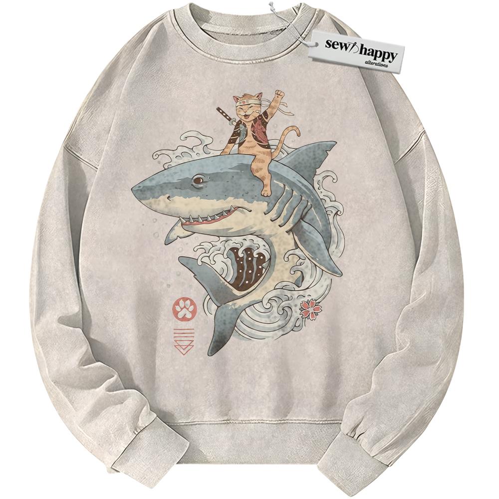 Wash Sweatshirt Samurai Cat Shark Sweatshirt, Japanese Streetwear Sweatshirt, Vintage Sweater