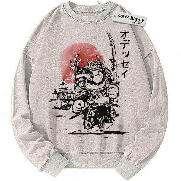 Wash Sweatshirt Samurai Super Mario Sweatshirt, Game Sweatshirt, Vintage Sweater