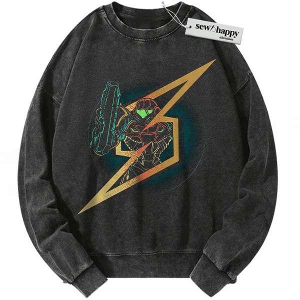 Wash Sweatshirt Samus Aran Sweatshirt, Metroid Sweatshirt, Game Sweatshirt, Vintage Sweater