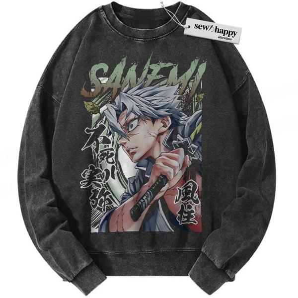 Wash Sweatshirt Sanemi Shinazugawa Sweatshirt, Demon Slayer Sweatshirt, Anime Sweatshirt, Vintage Sweatshirt