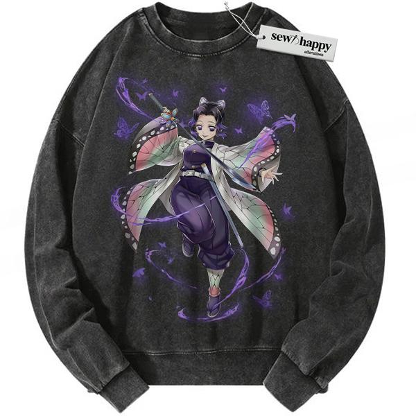 Wash Sweatshirt Shinobu Kocho Sweatshirt, Demon Slayer Sweatshirt, Anime Sweatshirt, Vintage Sweater