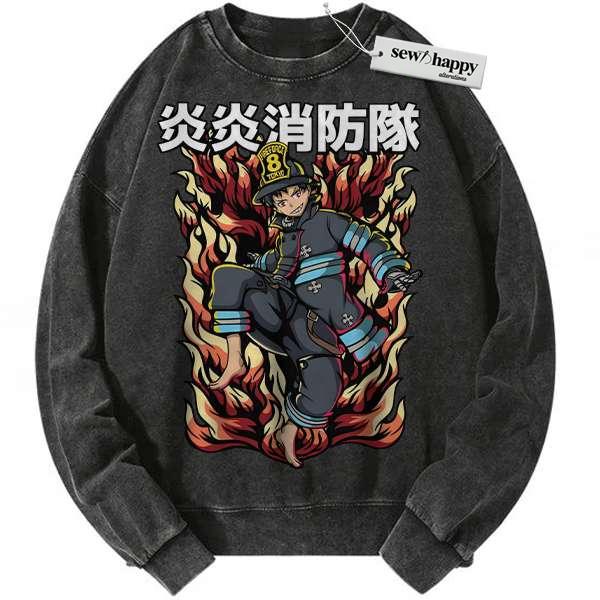 Wash Sweatshirt Shinra Kusakabe Sweatshirt, Fire Force Sweatshirt, Anime Sweatshirt, Vintage Sweatshirt