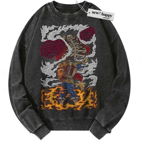 Wash Sweatshirt Skeleton Monkey D Luffy Sweatshirt, One Piece Sweatshirt, Anime Sweatshirt, Vintage Sweatshirt
