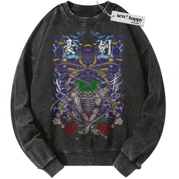 Wash Sweatshirt Skeleton Roronoa Zoro Sweatshirt, One Piece Sweatshirt, Anime Sweatshirt, Vintage Sweatshirt