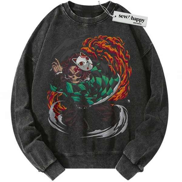 Wash Sweatshirt Skeleton Tanjiro Kamado Sweatshirt, Demon Slayer Sweatshirt, Anime Sweatshirt, Vintage Sweater