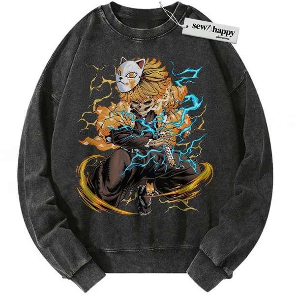 Wash Sweatshirt Skeleton Zenitsu Agatsuma Sweatshirt, Demon Slayer Sweatshirt, Anime Sweatshirt, Vintage Sweatshirt