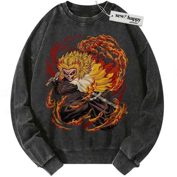 Wash Sweatshirt Skull Kyojuro Rengoku Sweatshirt, Demon Slayer Sweatshirt, Anime Sweatshirt, Vintage Sweatshirt