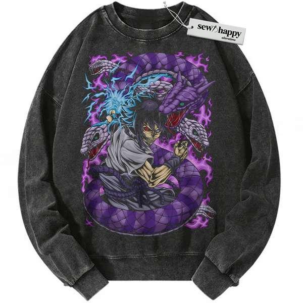 Wash Sweatshirt Skull Sasuke Uchiha Sweatshirt, Naruto Sweatshirt, Anime Sweatshirt, Vintage Sweatshirt