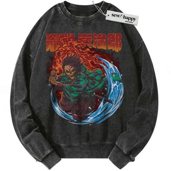 Wash Sweatshirt Skull Tanjiro Kamado Sweatshirt, Demon Slayer Sweatshirt, Anime Sweatshirt, Vintage Sweatshirt