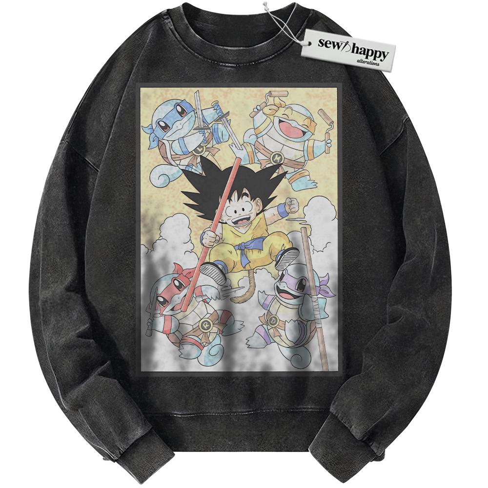 Wash Sweatshirt Son Goku Sweatshirt, Squirtle Sweatshirt, Dragon Ball x Pokemon Sweatshirt, Anime Sweatshirt, Vintage Sweater