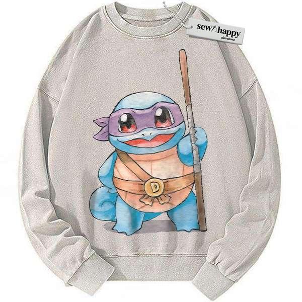 Wash Sweatshirt Squirtle x Donatello Sweatshirt, Pokemon Sweatshirt, Anime Sweatshirt, Vintage Sweater