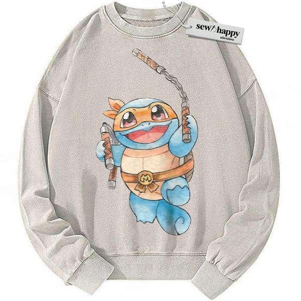 Wash Sweatshirt Squirtle x Michelangelo Sweatshirt, Sweatshirt, Pokemon Sweatshirt, Anime Sweatshirt, Vintage Sweater