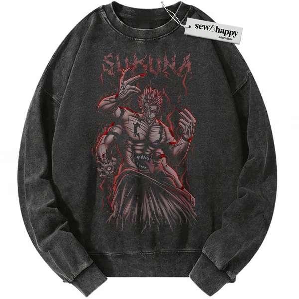 Wash Sweatshirt Sukuna Sweatshirt, Jujutsu Kaisen Sweatshirt, Anime Sweatshirt, Vintage Sweater