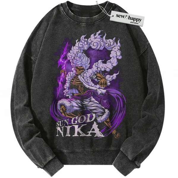 Wash Sweatshirt Sun God Nika - Monkey D Luffy Sweatshirt, One Piece Sweatshirt, Anime Sweatshirt, Vintage Sweatshirt