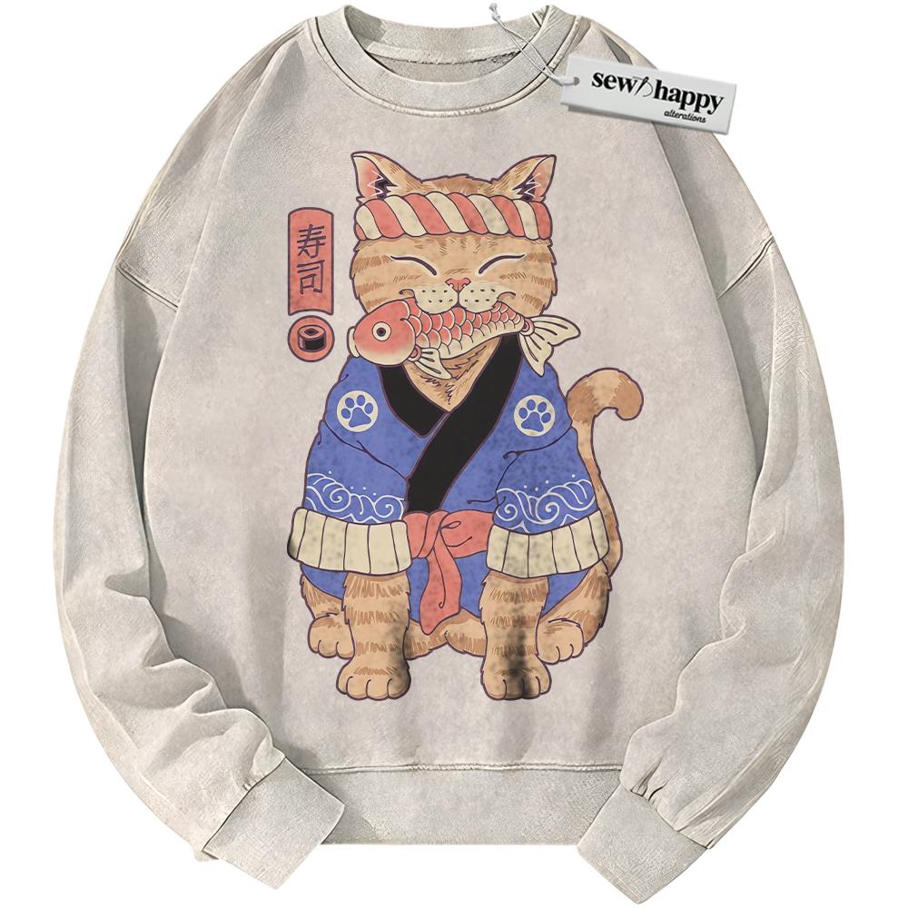 Wash Sweatshirt Sushi Cat Sweatshirt, Japanese Streetwear Sweatshirt, Vintage Sweater