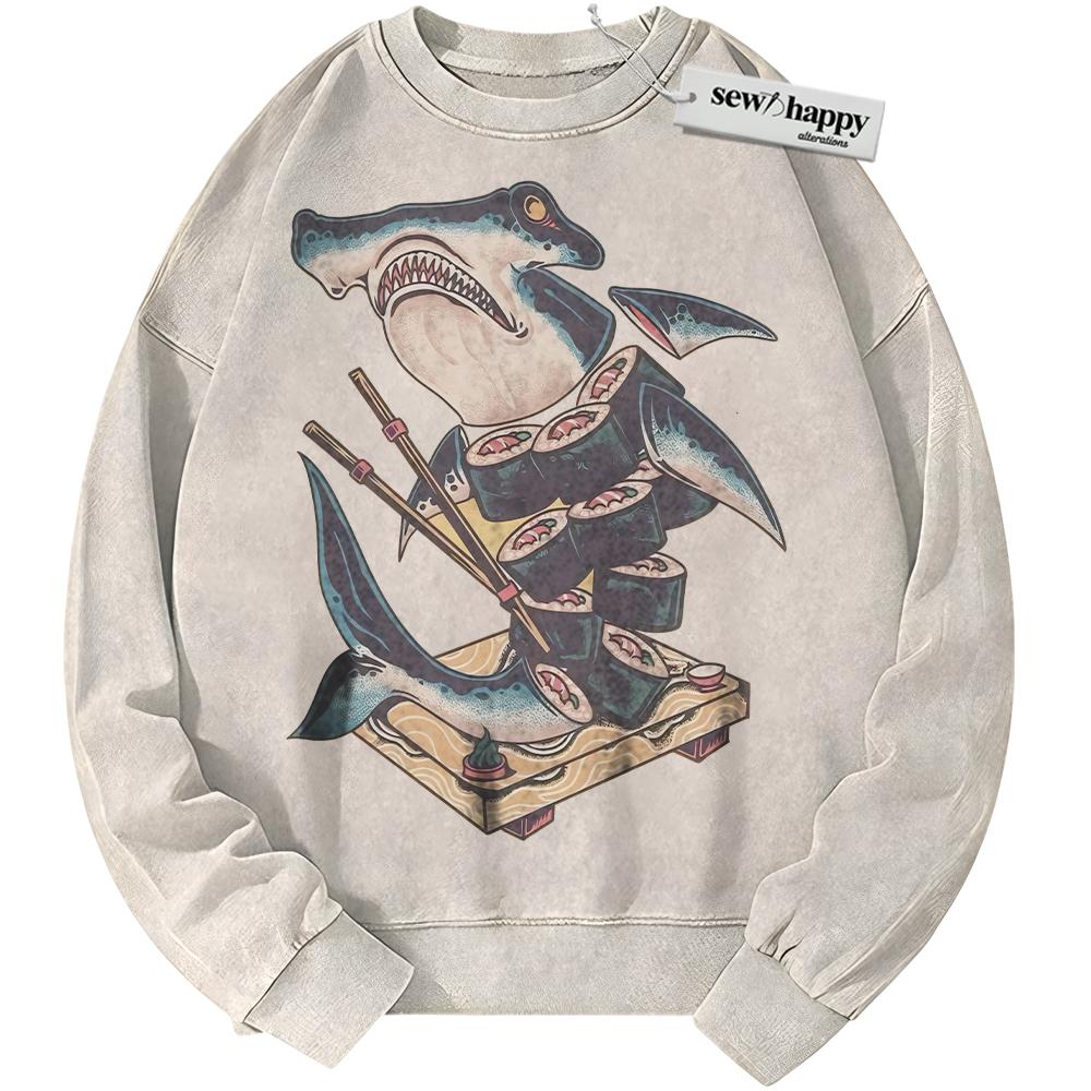 Wash Sweatshirt Sushi Shark Sweatshirt, Japanese Streetwear Sweatshirt, Vintage Sweater