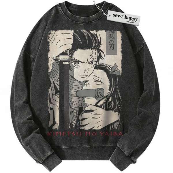 Wash Sweatshirt Tanjiro and Nezuko Sweatshirt, Demon Slayer Sweatshirt, Anime Sweatshirt, Vintage Sweater