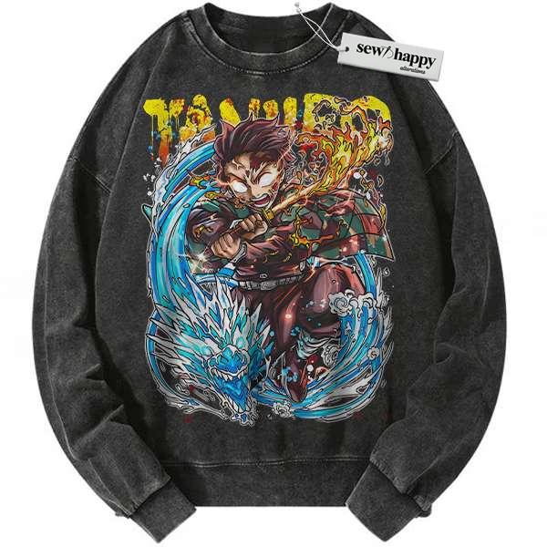 Wash Sweatshirt Tanjiro Kamado Sweatshirt, Demon Slayer Sweatshirt, Anime Sweatshirt, Vintage Sweatshirt