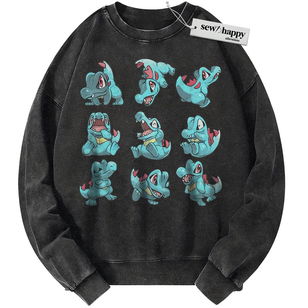 Wash Sweatshirt Totodile Sweatshirt, Pokemon Sweatshirt, PKM Sweatshirt, Anime Sweatshirt, Vintage Sweater