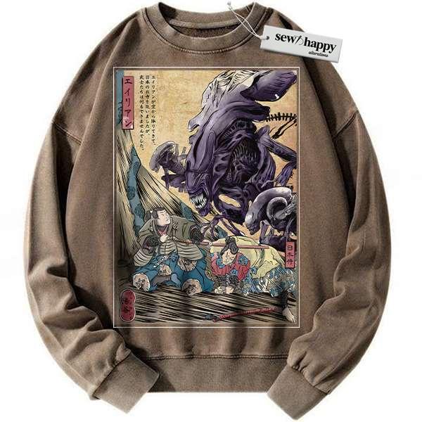 Wash Sweatshirt Xenomorph sweatshirt, Alien vs Predator sweatshirt, Movie sweatshirt, Vintage Sweater Wash Sweatshirt Xenomorph sweatshirt, Alien vs Predator sweatshirt, Movie sweatshirt, Vintage Sweater - Image 1